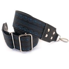 "Crossbody Wide Bag Strap for Handbags, Long Adjustable Replacement Guitar Purse Strap, Black and Blue Faux Leather Vegan Purse Strap ◾️ Wide vegan purse strap  ◾️ Soft and comfortable to wear  ◾️ Unique embroidered design Premium quality crossbody strap with embroidered floral pattern. Replacement strap for bags and purses.  This wide bag strap is made of soft, premium quality vegan leather. It feels like natural leather to the touch. It's very comfortable to wear. This guitar style vegan purse strap is adjustable, so you can wear your handbag the way you like best - on your shoulder, or cross body. ◾️ Strap color: Black ◾️ Embroidery on strap: Floral pattern ◾️ Embroidery (thread) color: Navy Blue ◾️ Material: Soft Vegan Leather ◾️ Adjustable with sliding buckle  ◾️ Hardware: your choose Hand Painted Purses, Painted Purse, Black Guitar, Custom Handbags, Vegan Purses, Painted Bags, Hippie Bags, Black Embroidery, Bags And Purses