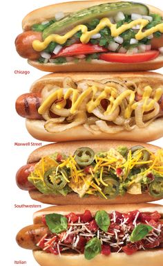 four hotdogs with different toppings and condiments on each one side