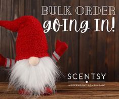 a red and white knitted gnome with the words, bulk order going in