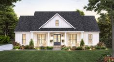 this is an artist's rendering of a house in the country style with white trim and black shingles