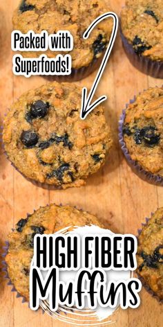 blueberry muffins with the words high fiber muffins above them