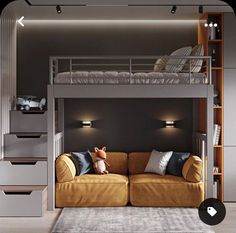 there is a bunk bed with a couch underneath it