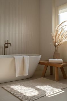 a white bath tub sitting next to a wooden bench in a bathroom under a window