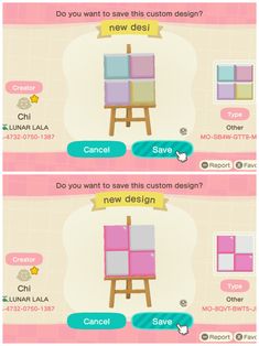 two screens showing the same color scheme for each item in animal crossing, which is pink and