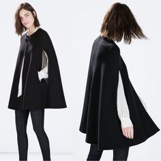 Zara Neutral Black Wool Poncho Cape Coat W/ Pockets Lined Pockets Button Closure Excellent Condition Poncho Coat Cape, Wool Poncho, Cape Coat, Poncho Cape, Zara Jackets, Zara Black, Black Wool, Classic Black, Cape