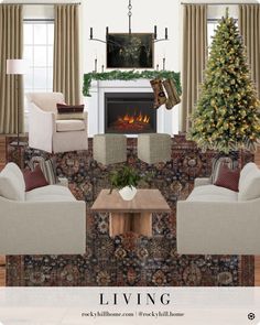 a living room filled with furniture and a christmas tree in front of a fire place