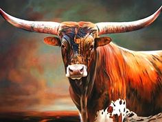 a painting of a bull with large horns standing in front of a dark sky background