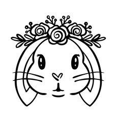 a black and white drawing of a cat wearing a crown with flowers on it's head