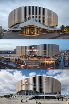 three different views of a building at night and in the day, from top to bottom