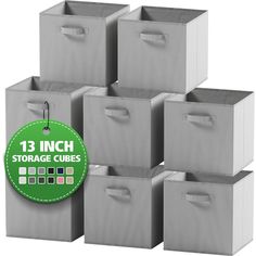 twelve storage cubes with labels on them for 13 inch storage cubes in various sizes and colors