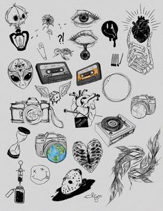 an image of various items drawn in black and white