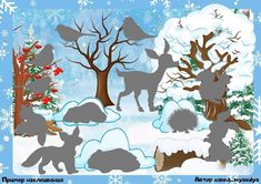 an image of winter scene with animals in the woods and snowflakes on the trees