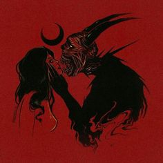 a drawing of a demon biting a woman's head with her hands, on a red background