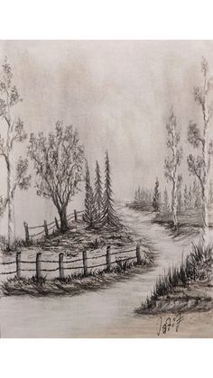 a pencil drawing of a landscape with trees and a fence in the foreground, on a gray background