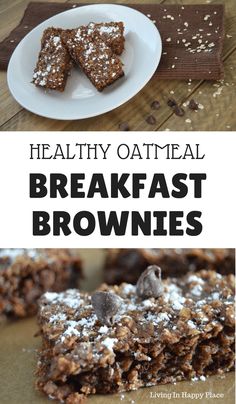 healthy oatmeal breakfast brownies with chocolate chips and powdered sugar on top