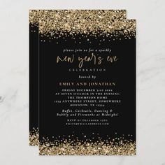 black and gold glitter new year's eve party card