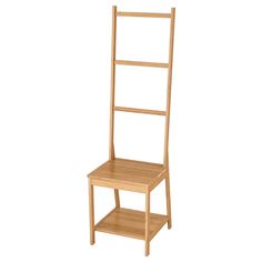 a wooden chair sitting on top of a shelf