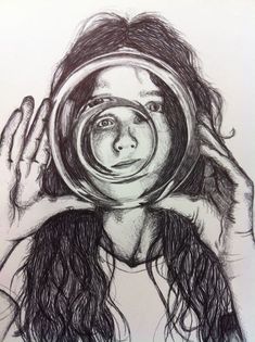 a drawing of a woman looking through a magnifying glass with her head in the mirror