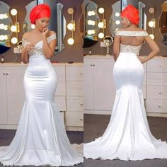 two photos of a woman in white gowns looking at her cell phone and wearing an orange turban