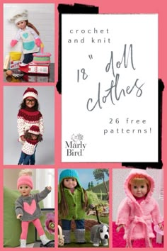 several pictures of dolls and knits with text overlay that says crochet and knit no doll clothes