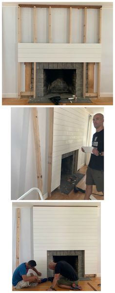 two pictures showing how to paint a fireplace