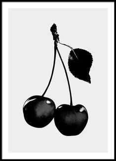 two cherries on a branch with leaves in black and white framed art print by person