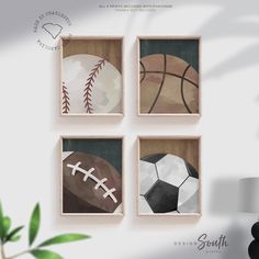 three framed sports pictures hang on the wall next to a table with a lamp and vase