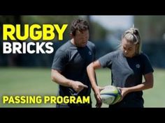 a man and woman holding a rugby ball on top of a grass covered field with the words rugby bricks passing program