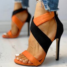 Black And Orange Suede Crisscross Heels Brand New And Never Worn From Chic Me! Heel Height Is 11.5cm Size: 4.5 (35) Fits Like A Size 5 Sandle Heels, Friday Style, Wedding Shoes Sandals, Gladiator Shoes, Luxury Shoes Women, Basic Heels, Summer Heels, Types Of Heels, Orange Shoes