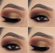 Each type of makeup has it is own purpose and it suits specific face shapes, skin tones, and eye shapes. One of the most beautiful eye shapes is almond eyes. Almond eyes are very beautiful attractive and catchy. This shape is delicate and it highlights the beauty of your eyes. In this article, we gathered 18 trendy and stylish makeup ideas for almond eyes that will blow your mind. Go ahead and choose the next makeup for your eyes. Golden Smokey Eye, Teknik Makeup, Shimmer Eye Makeup, Gold Eye Makeup, Smokey Eyeliner, Types Of Makeup, Pinterest Makeup