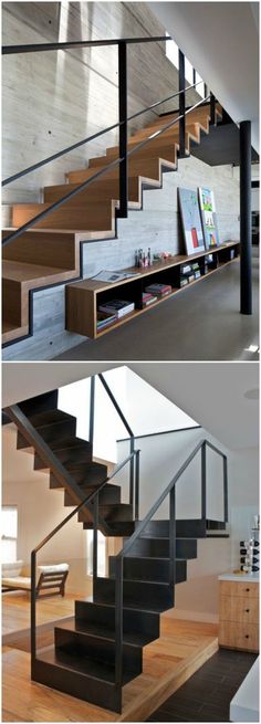 there are two pictures of some stairs in this house, and one has a bookshelf on it