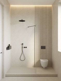 a bathroom with a shower, toilet and standup shower in the middle of it