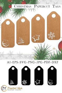 christmas gift tags with ornaments and snowflakes on the bottom, set of four