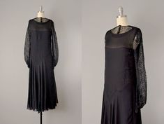 "Elegant, chic, and totally wearable -- this dress from the 1920's is made of sumptuous black silk chiffon, which is accented with black silk lace. Features an over-dress of black silk chiffon with asymmetrical pintucking at waist in an unusual batwing pattern. The yoke and modified bishop sleeves are both made of exquisite black silk lace in a delicate floral pattern. The sleeves finish in tapered cuffs with snaps at wrists, and the yoke is decorated with buttons of silver and carved black glas 20s Dress, 1920s Dress, Silk Lace, 20's Dress, Silk Chiffon, Black Silk, Dress Clothes For Women, Silk Dress, Vintage Clothing