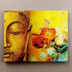 a painting on the wall with a buddha face and flowers in it's center