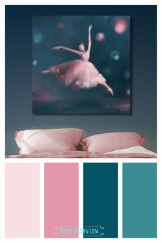 a bed with pink pillows and a painting on the wall above it that has a ballerina