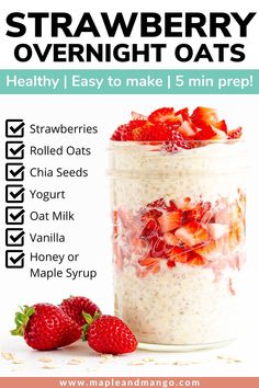 strawberry overnight oats in a jar with strawberries