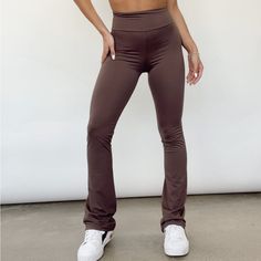 Brand New Flare Leggings. Casual Brown Elastane Bottoms, Casual High Stretch High-cut Leg Yoga Pants, Fall High Waist Fitted Yoga Pants, Fitted High Waist Yoga Pants For Fall, Brown Stretch Bottoms For Loungewear, Stretch Brown Bottoms For Loungewear, High Waist Brown Elastane Bottoms, Brown High Stretch Casual Bottoms, Casual High Stretch Brown Bottoms