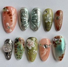 Press On Nails Design, Medium Almond, 3d Butterfly, Nails 2024, Dream Nails, Dope Nails