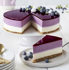 two slices of cheesecake with blueberries on the top and one slice cut out