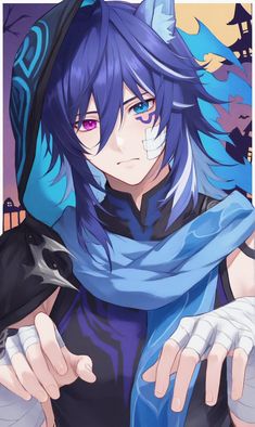 an anime character with blue hair and white gloves holding his hands out to the side