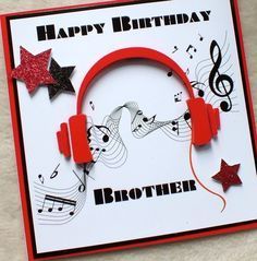 a happy birthday card with headphones and music notes on the front, and stars in the background