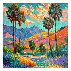 an oil painting of trees and mountains