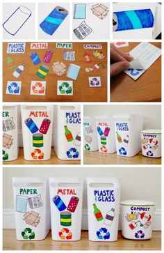 several pictures of different types of plastic cups and their instructions to make them look like they are made out of construction paper