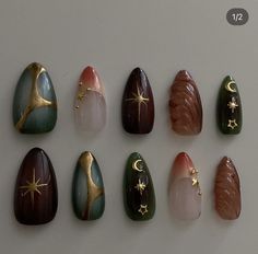 Nail art acrylic nails Cute nail designs Good nail ideas Brown And Chrome Nails, Dark Celestial Nails, Whimsy Goth Nails, Earthy Nails Designs, Tarot Nails, Mystical Nails, Fairy Nail Art, Witchy Nails