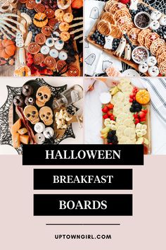 halloween breakfast boards with text overlay that reads,'halloween breakfast boards'and images of food