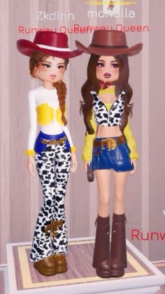 two dolls are standing next to each other