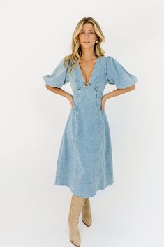 Pakistani Women Dresses, Mini Outfit, Denim Midi Dress, Perfect Denim, The Search, Puff Sleeves, Denim Dress, Midi Length, Puff Sleeve