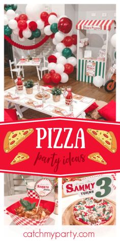 a pizza party with balloons and decorations