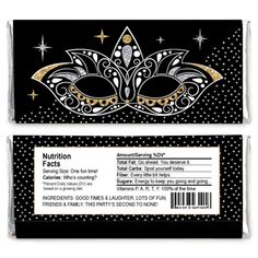 a candy bar with a mardi gras mask design on the front and side